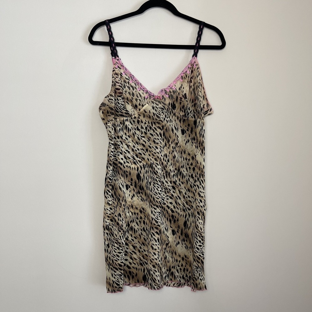 Y2K JLO Leopard Print Pink Trim Slip Sheer 2000s Lingerie Asethetic Dress Sz L